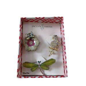 Jaclyn Smith Trio Pin Set Dragonfly Bird Butterfly On Flower Brooch NIB